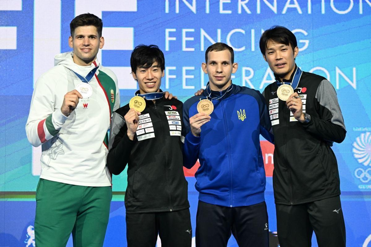 П'єдестал в чоловічій шпазі на чемпіонаті світу-2025: Гергей Шіклоші, Кокі Кано, Нікіта Кошман, Масару Ямада/Фото: #BizziTeam/FIE